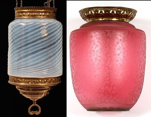 OPALESCENT AND CRANBERRY HANGING HALL LAMPS 19TH.C.