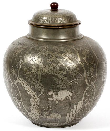 CHINESE PEWTER COVERED URN