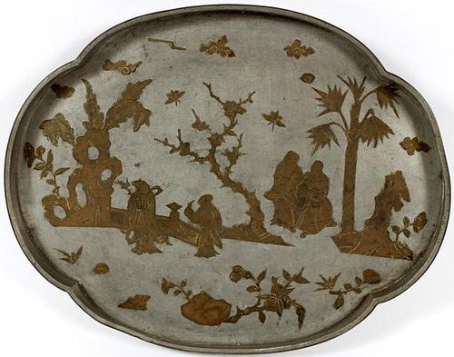CHINESE BRASS INLAID PEWTER TRAY C.1900