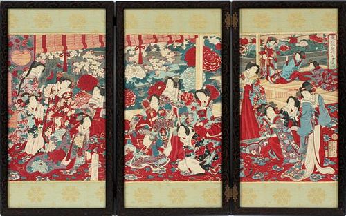 TRIPTYCH JAPANESE WOODBLOCKS AS TABLE SCREEN