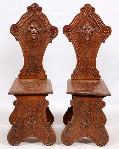 ITALIAN CARVED WOOD HALL CHAIRS PAIR