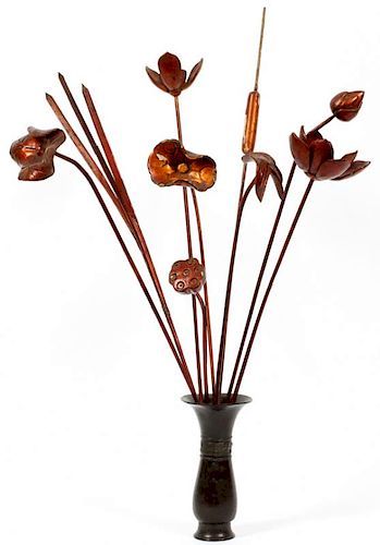 CHINESE BRONZE FLOWER VASE & LACQUERED FLOWERS