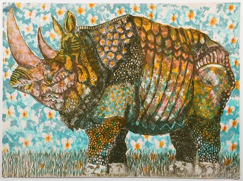 Marie Kelly Rhinoceros Large Color Lithograph 1982