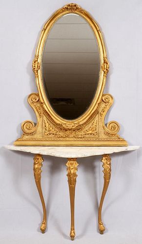 GILT METAL AND MARBLE CONSOLE W/ MIRROR