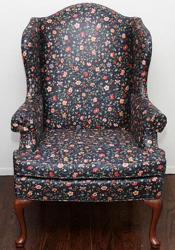 QUEEN ANNE STYLE WING BACK FLORAL UPHOLSTERY CHAIR