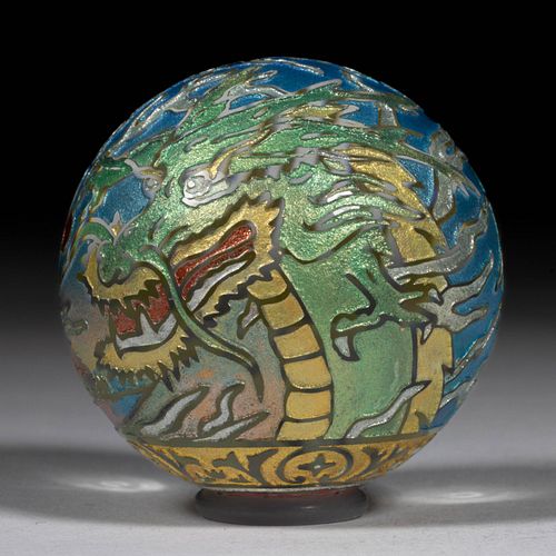 LARRY CHEN (AMERICAN, B. 1989) TIGER AND DRAGON SAND-ETCHED AND ENAMEL-DECORATED STUDIO ART GLASS MARBLE