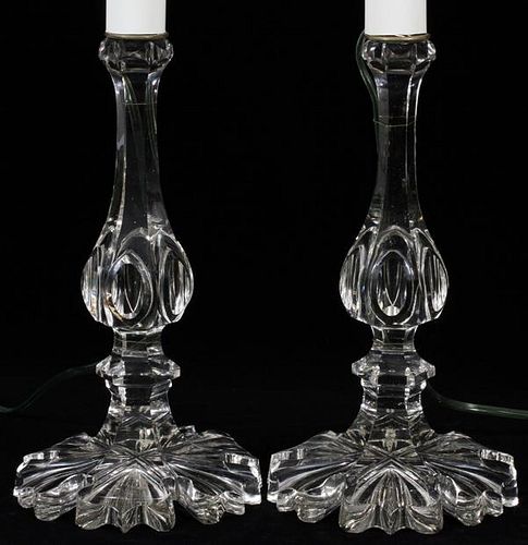 CRYSTAL CANDLESTICKS MOUNTED AS LAMPS PAIR