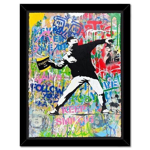 Mr. Brainwash, "Bansky Thrower" Framed Mixed Media Original, Hand Signed with Certificate of Authenticity.