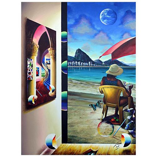 Ferjo, "Reading on the Beach" Original Painting on Canvas, Hand Signed with Letter of Authenticity.