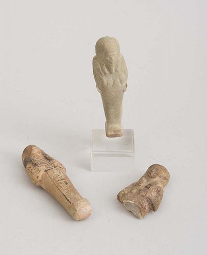 TWO EGYPTIAN FAIENCE AND POTTERY USHABTIS AND FRAGMENT