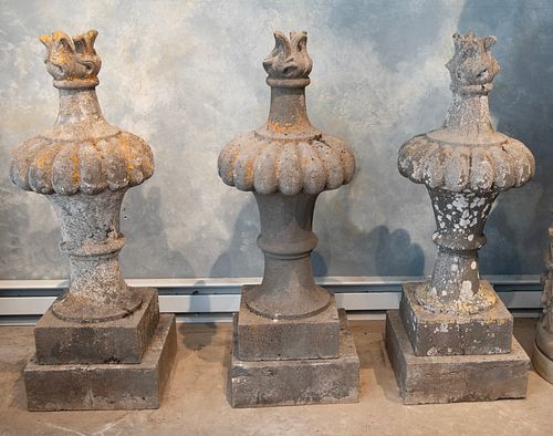 Three Large 18th C  Hand-Carved Belgian Bluestone Pot au Feu (Flame) Finials