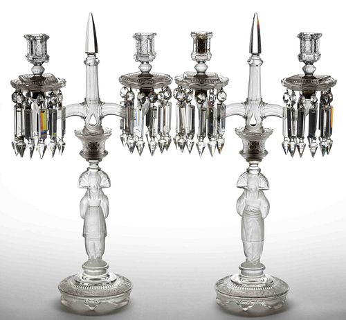 FRENCH ORIENTAL FIGURAL STEM PRESSED GLASS PAIR OF CANDELABRUM