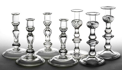 REPRODUCTION BLOWN GLASS CANDLESTICKS, LOT OF SEVEN