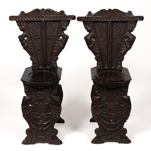 ITALIAN RENAISSANCE-REVIVAL CARVED WALNUT PAIR OF SGABELLO HALL CHAIRS