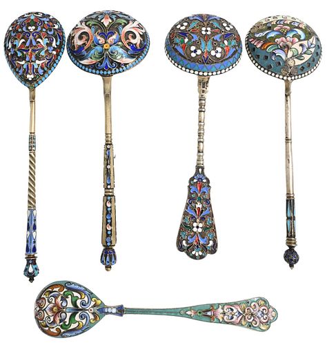 Five Russian Enamel Silver Spoons