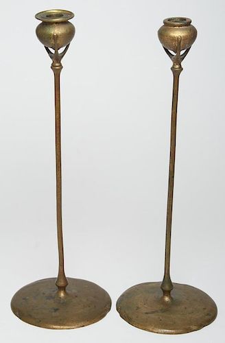 Pair of Tiffany Studios Bronze Candlesticks