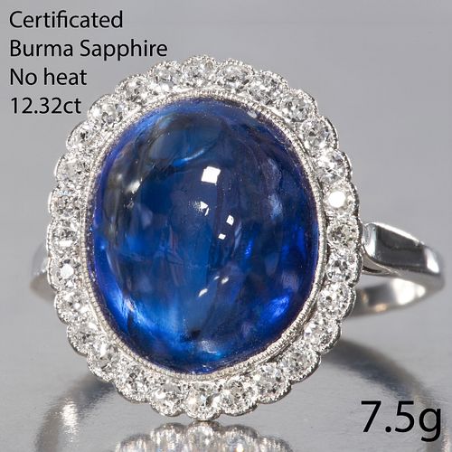 CERTIFICATED 12.32 CT. BURMA SAPPHIRE AND DIAMOND CLUSTER RING