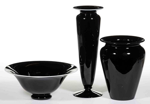 STEUBEN MIRROR BLACK ART GLASS ARTICLES, LOT OF THREE