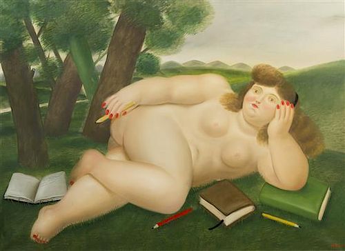 Fernando Botero, (Columbian, b. 1932), Reclining Nude with Books and Pencils on Lawn, 1982