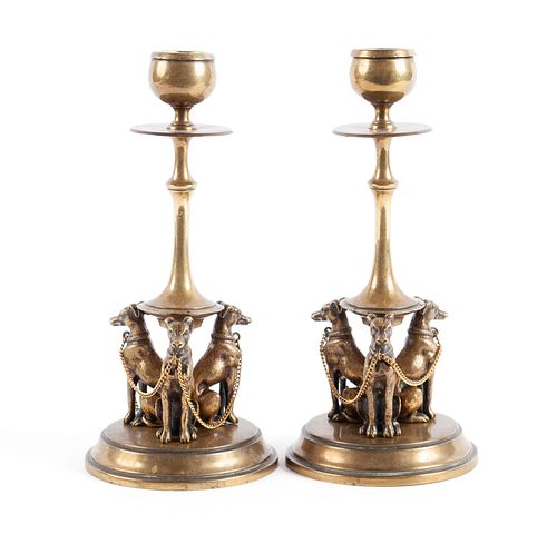 PAIR OF VICTORIAN GREYHOUND CANDLE HOLDERS