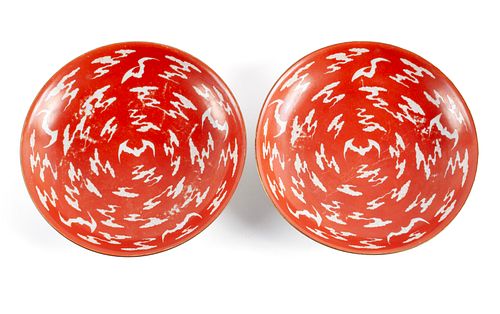 PAIR OF CORAL GROUND REVERSE-DECORATED BAT DISHES