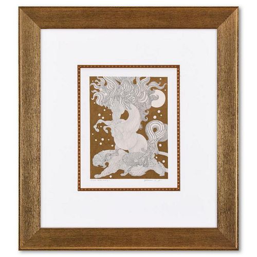 Guillaume Azoulay, "Etude GHKK" Framed Original Hand Colored Drawing with Hand Laid Gold Leaf, Hand Signed with Letter of Authenticity