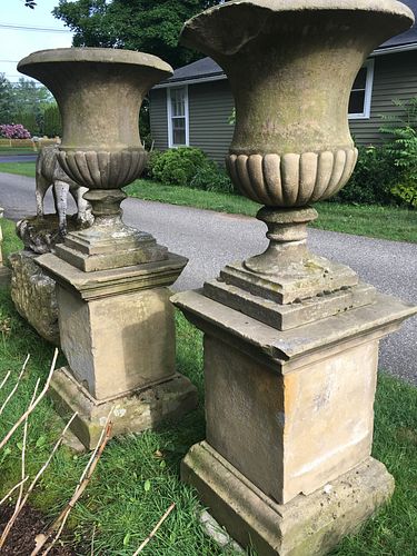Pair of 18th C Carved Yorkstone Urns Owned by the Duke of Marlborough