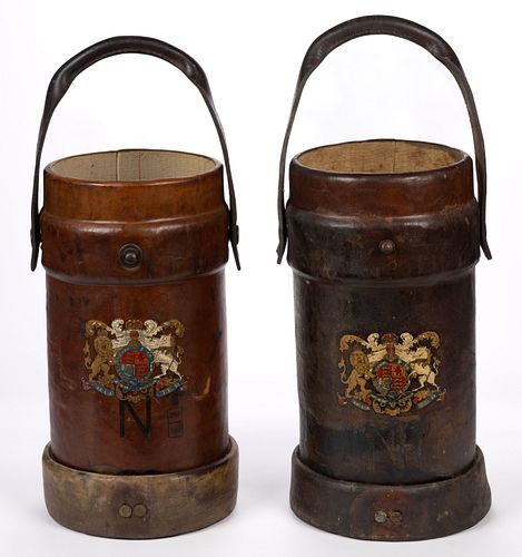 PAIR OF ENGLISH LEATHER CORDITE BUCKETS