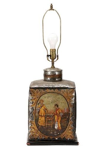 English Hand Painted Tole Tea Canister Lamp