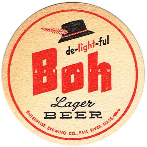 1956 Boh Lager Beer 3¾ inch coaster MA-ENT-4 Fall River Massachusetts