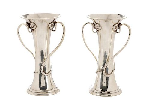 Pair of English Sterling Silver Art Nouveau Vases