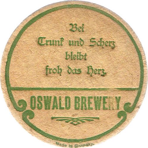 Rare 1910 Oswald Brewery "Bei Trunf Und Schlerz" 4¼ inch coaster PA-OSWA-2 Altoona Pennsylvania