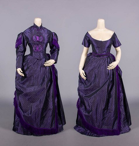 SHOT PATTERNED SILK GOWN WITH DAY & EVENING BODICE, EARLY-MID 1870s