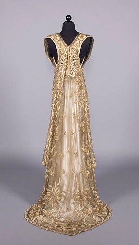 EMBROIDERED LAME’ NET PRESENTATION GOWN, LATE 1910s