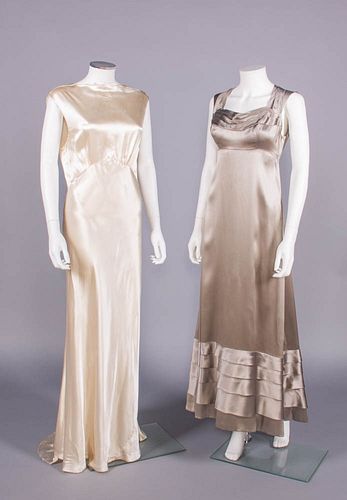 TWO SATIN EVENING DRESSES, 1930s & 1960s