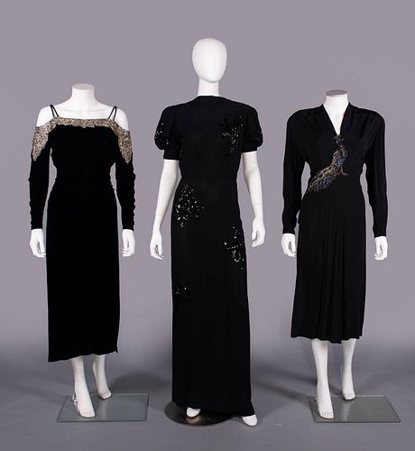 THREE CREPE OR VELVET EVENING OR COCKTAIL DRESSES, 1930-1940s
