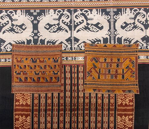 TWO CEREMONIAL TAMPAN & TWO SARONGS, INDONESIA, LATE 19TH-MID 20TH C