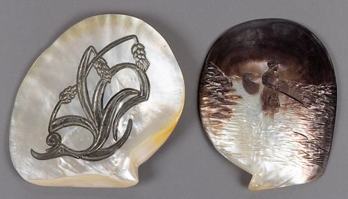 CARVED AND SILVER-MOUNTED MOTHER-OF-PEARL SHELL PLAQUES, LOT OF TWO