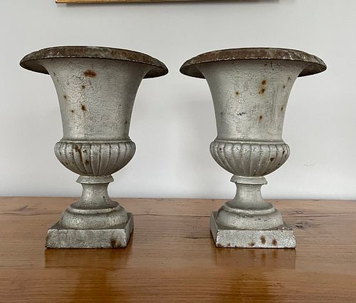Small Pair of French 19th Century Cast Iron Campana Urns