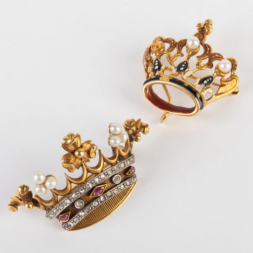 Two Gold, Pearl and Jeweled Crown Brooches  
