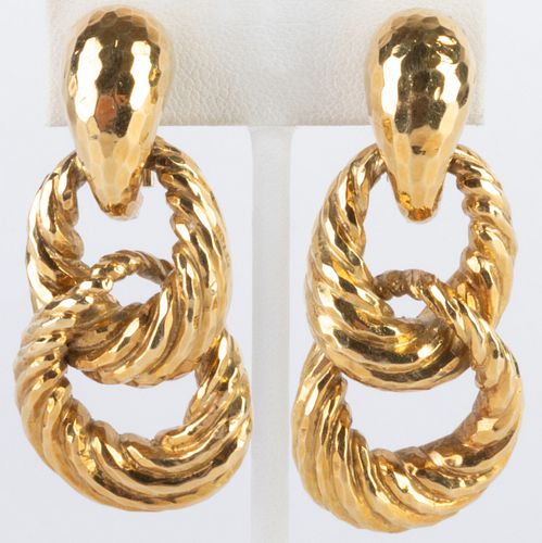 Pair of Italian 18k Hammered and Twisted Gold Drop Earclips