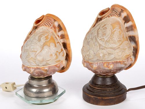 VINTAGE ITALIAN CAMEO CARVED CONCH SHELL ELECTRIC LAMPS, LOT OF TWO