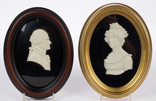 DONNA WEAVER WAX PORTRAITS OF THOMAS JEFFERSON AND DOLLEY MADISON, LOT OF TWO