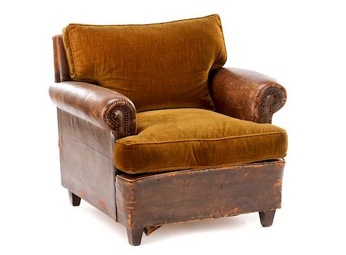 French Art Deco Leather & Velvet Club Chair
