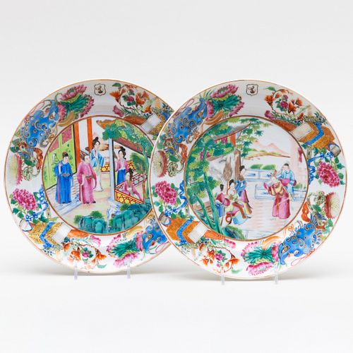 Pair of Chinese Export Canton Famille Rose Porcelain Armorial Plates