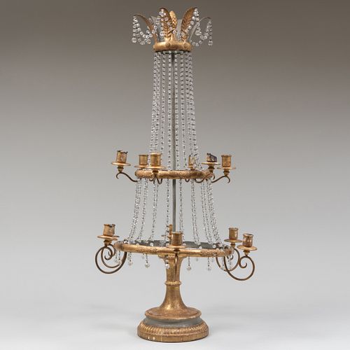 Empire Style Giltwood, Gilt-Metal and Beaded Glass Twelve-Light Candelabra, Possibly Italian