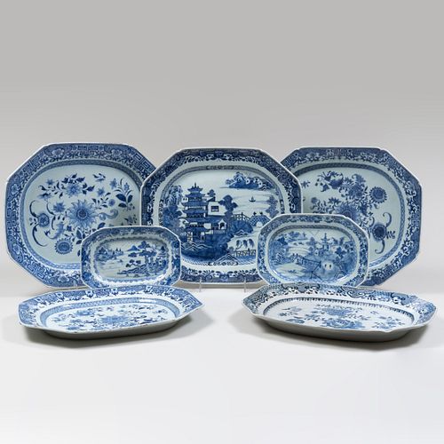 Group of Seven Chinese Blue and White Porcelain Oblong Serving Dishes