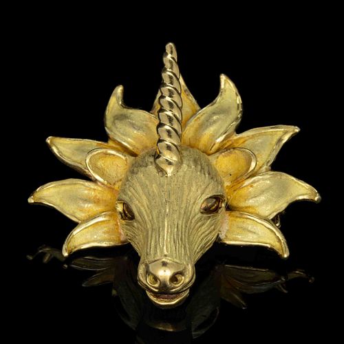 VINTAGE / CONTEMPORARY FRENCH 18K YELLOW GOLD FIGURAL UNICORN BROOCH / PENDANT