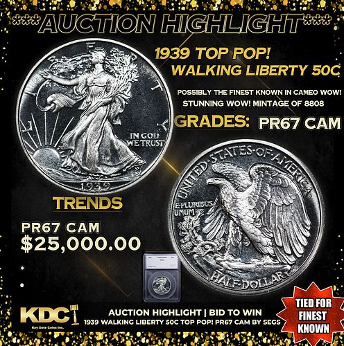 Proof ***Auction Highlight*** 1939 Walking Liberty Half Dollar TOP POP! 50c Graded pr67 cam By SEGS (fc)