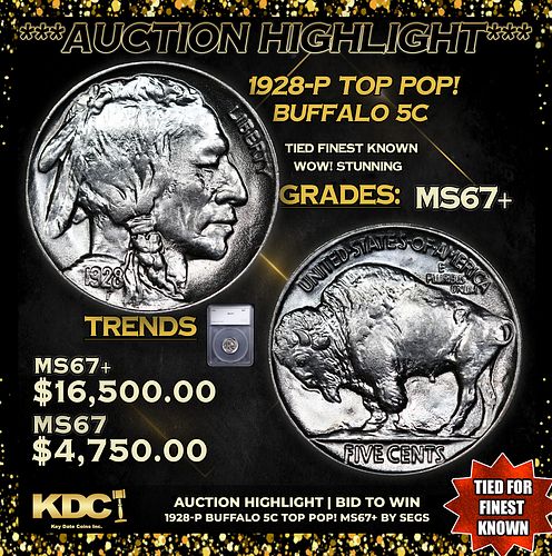 ***Auction Highlight*** 1928-p Buffalo Nickel TOP POP! 5c Graded ms67+ BY SEGS (fc)